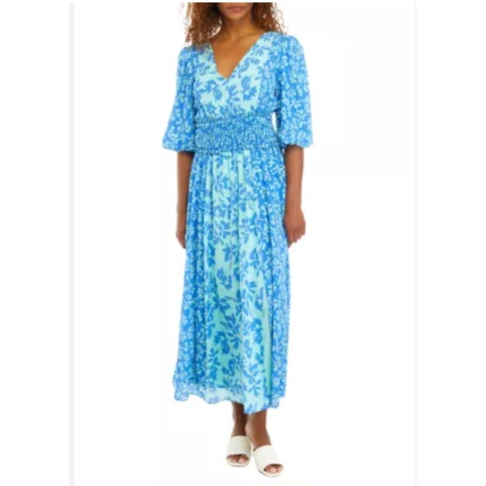 Taylor Blue Floral Smocked Waist V-Neck Puff Sleeve Maxi Dress Size 10